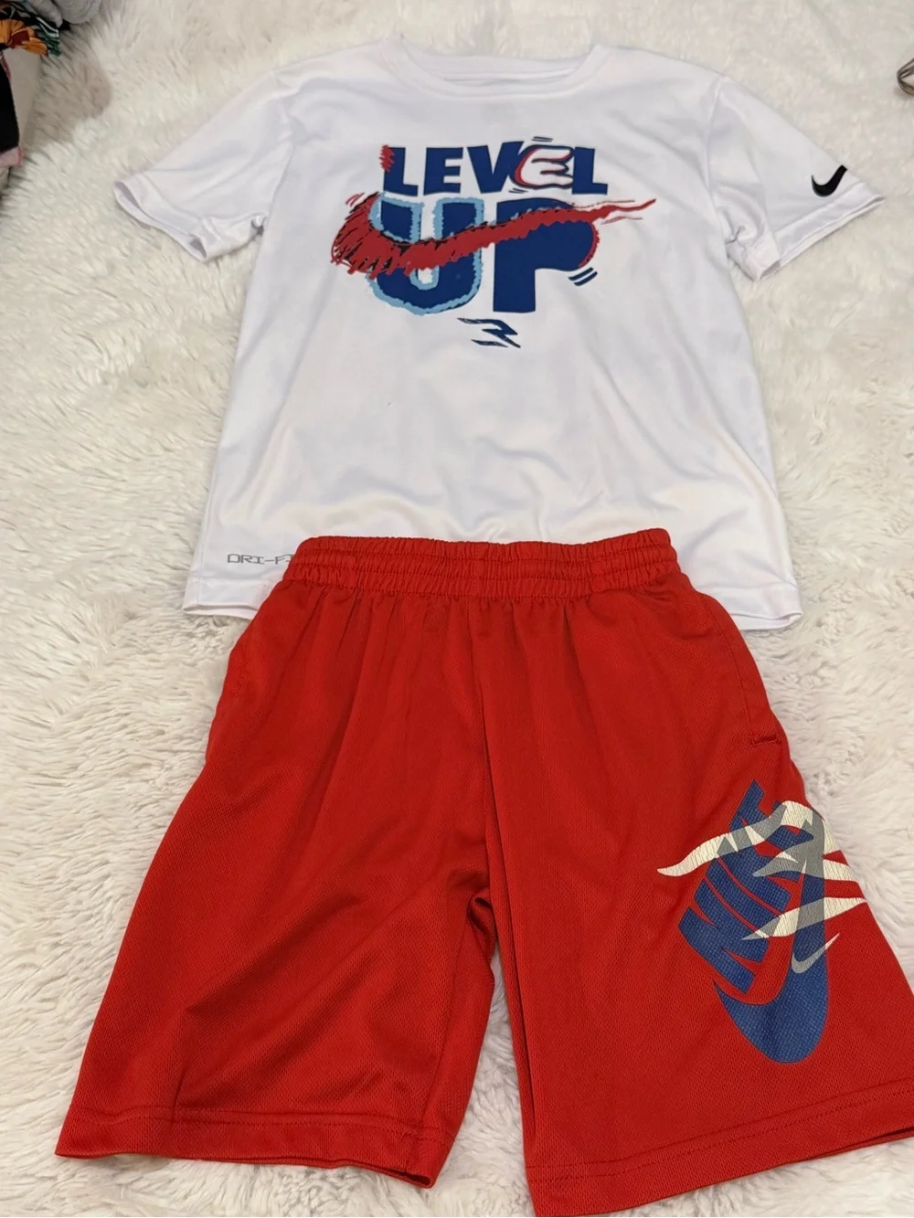 Nike White 'Level Up' Tee with Red Athletic Shorts